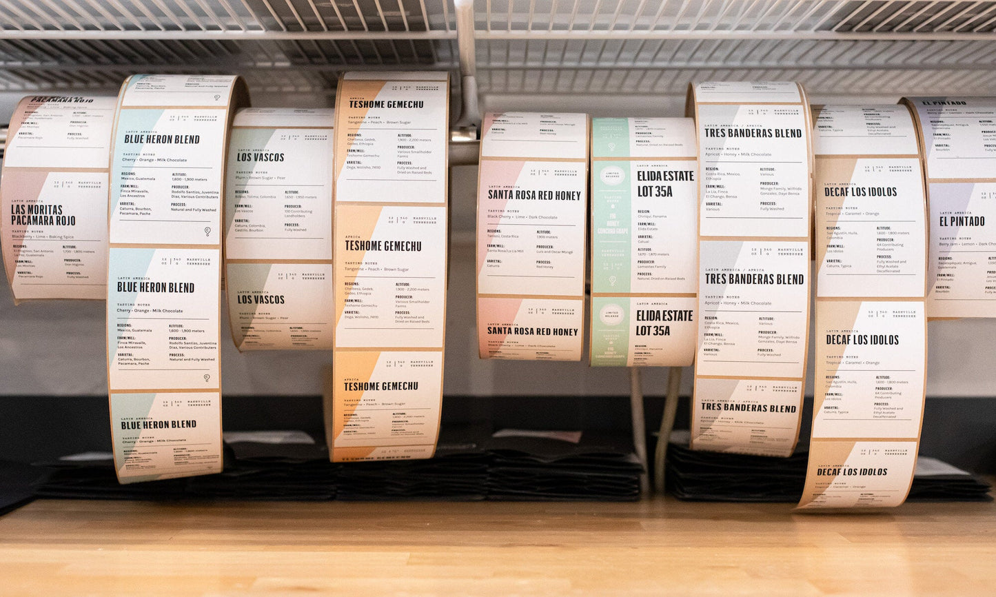 rolls of coffee labels hanging