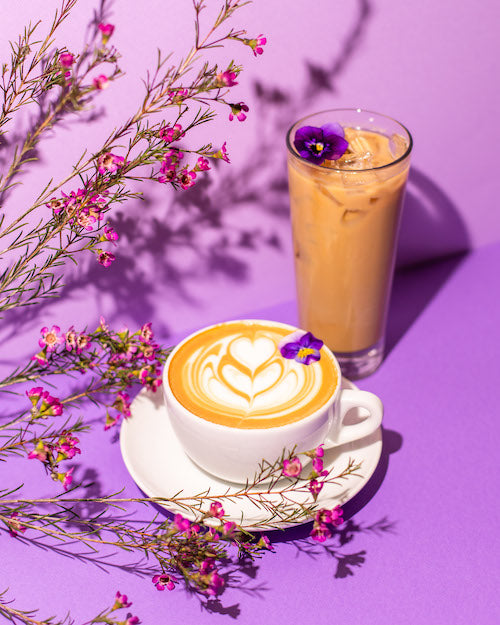 crema's la fleur latte shown both hot and iced